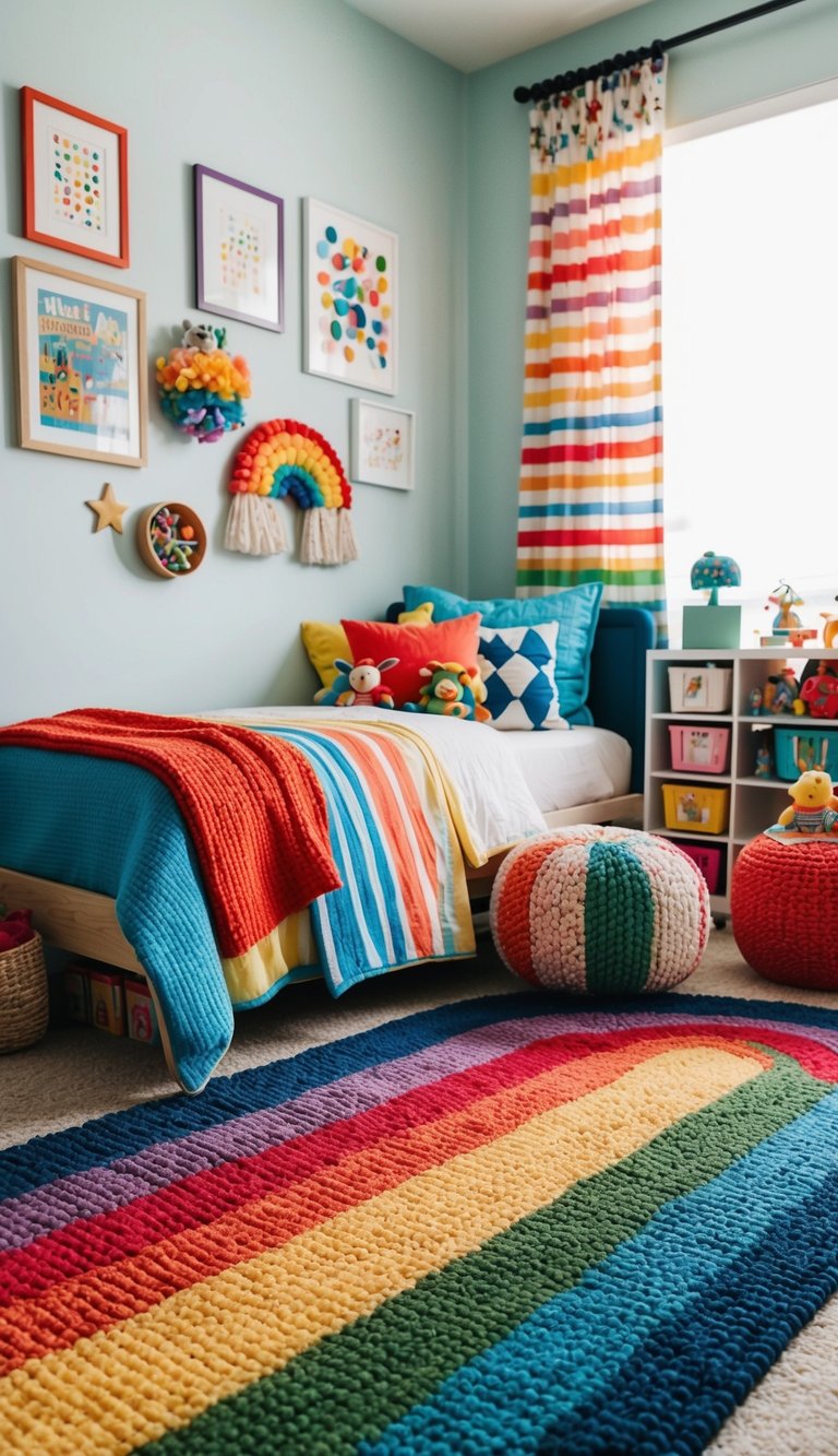 A vibrant rainbow rug anchors a playful kids' bedroom filled with colorful decor and toys