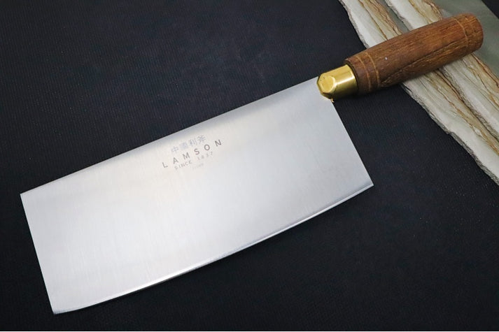 An image featuring a Lamson vegetable cleaver on a solid black background.