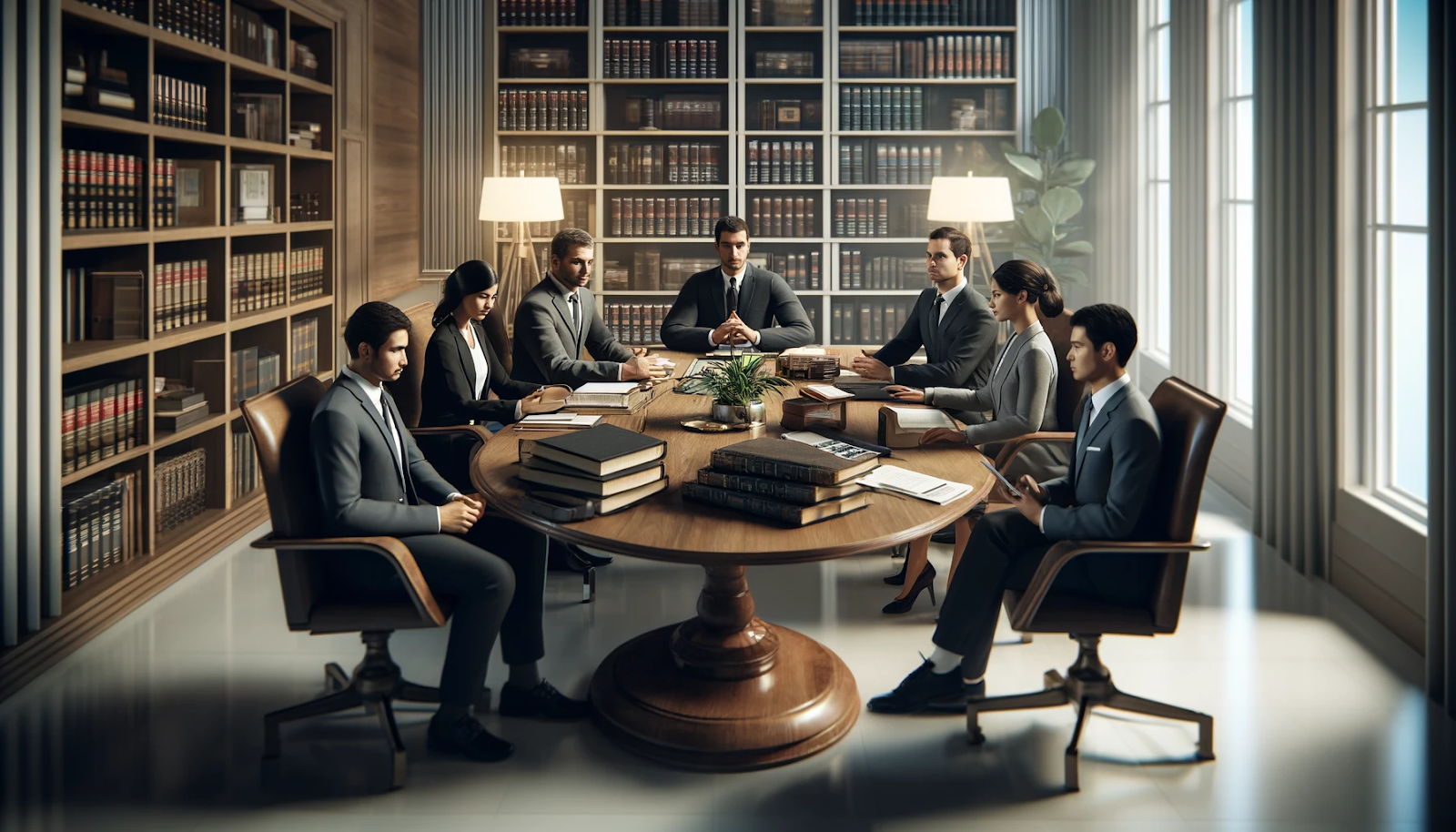 Formal business meeting in a classic library, with professionals seated around a round wooden table.