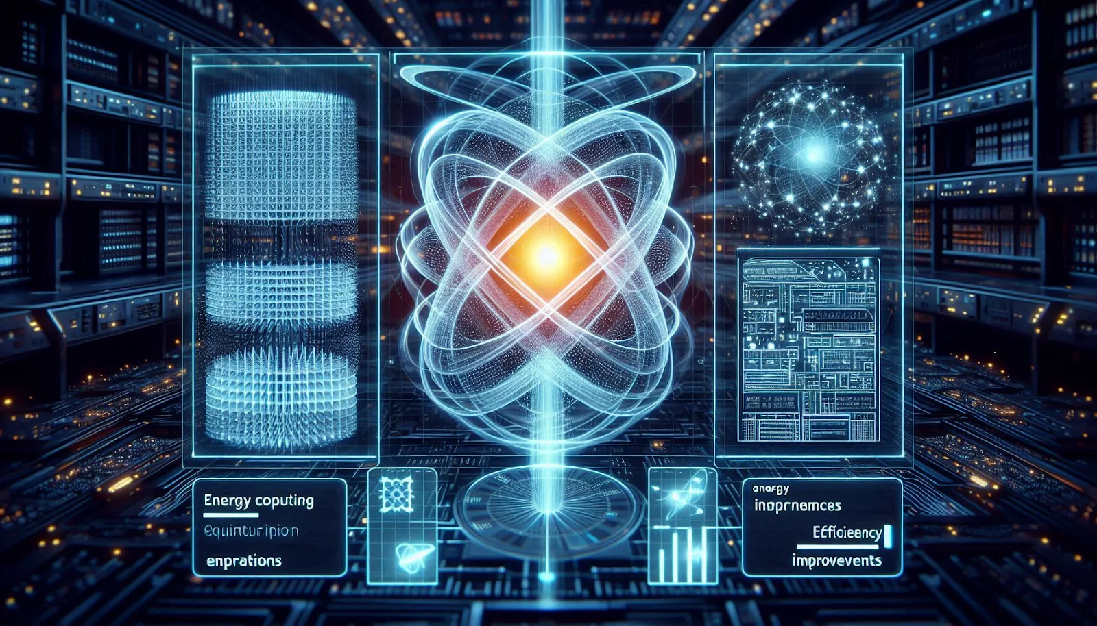 Visual representation of how quantum computing optimizes energy usage, featuring energy grids and efficiency improvements.