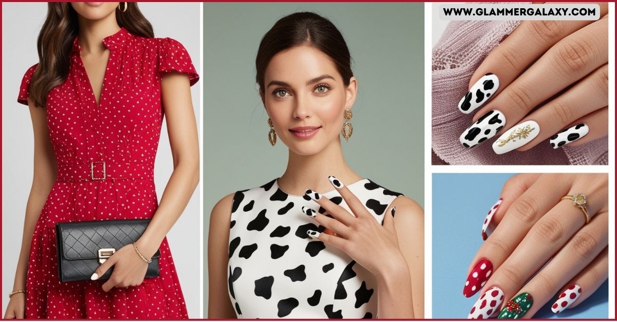 Two women showcasing fashion, one with cow print nails, highlighting trendy nail art for different occasions.