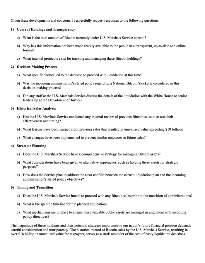 Extractos de la carta de la senadora republicana Cynthia Lummis al Servicio de Alguaciles de EE. UU. sobre el plan para vender BTC