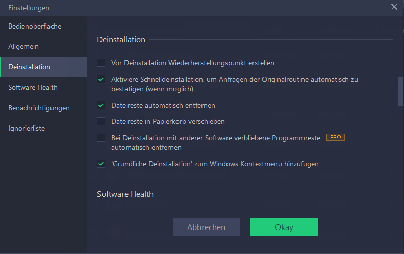 Einstellungen für die Deinstallation in IOBit Uninstaller