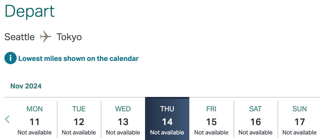 Screenshot of no available flights for Seattle to Tokyo