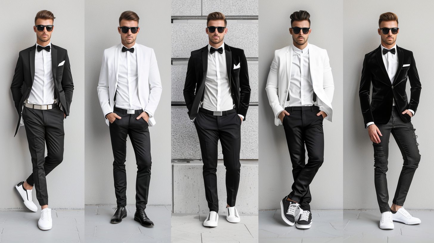 A stylish man modeling a black and white suit in five different settings: 1) formal wedding with a black tux and white shirt + bow tie, 2) office-ready black suit with open white shirt and leather shoes, 3) weekend look with white blazer, black trousers, sneakers, and sunglasses, 4) fashion-forward outfit with color-blocked black and white suit and boots, 5) semi-formal guest look with a black suit, no tie, and sleek loafers. Clean, editorial lighting, minimal backgrounds, modern menswear styling, confident posture
