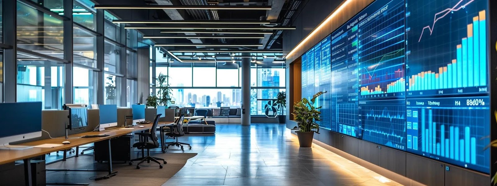 a visually engaging office scene showcases a modern workspace with a large digital display featuring an analytical dashboard that highlights keyword performance metrics, while sleek, organized desks and vibrant design elements convey an atmosphere of innovation and strategic focus.