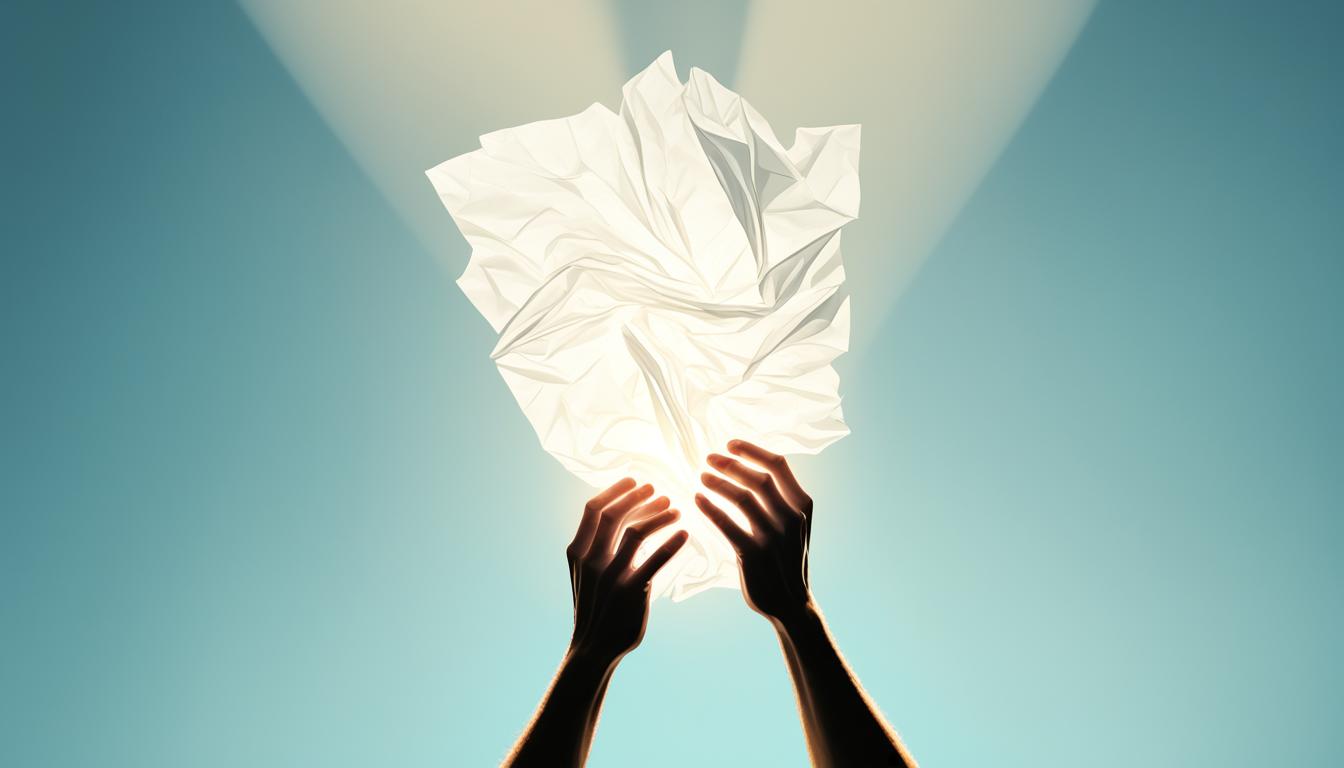 A pair of hands holding a crumpled piece of paper while looking up towards a bright light, symbolizing the release of past emotions and embracing new possibilities.