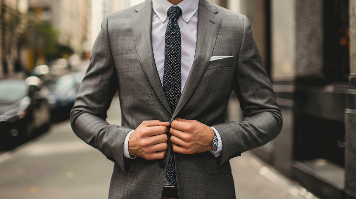 Man wearing a single-breasted suit with one row of buttons, clean tailoring, neutral tones like navy or gray, suitable for versatile occasions like meetings or social events.