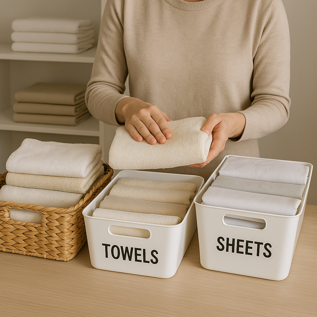Thumbnail Image A person folding towels and sheets neatly, placing them into labeled bins and baskets. The background shows a tidy workspace with folded linens.