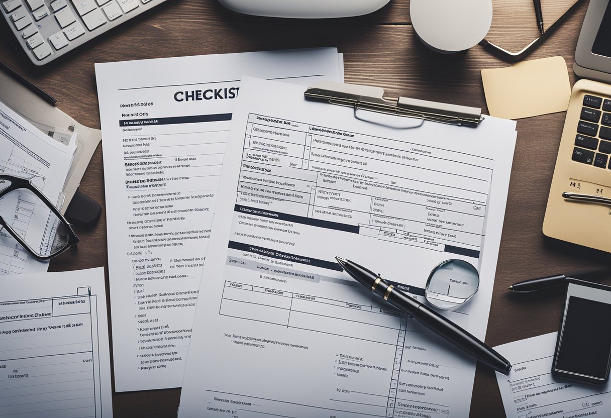 A desk cluttered with papers, a computer, and a checklist. A magnifying glass hovers over the checklist, emphasizing the focus on detail and thorough examination