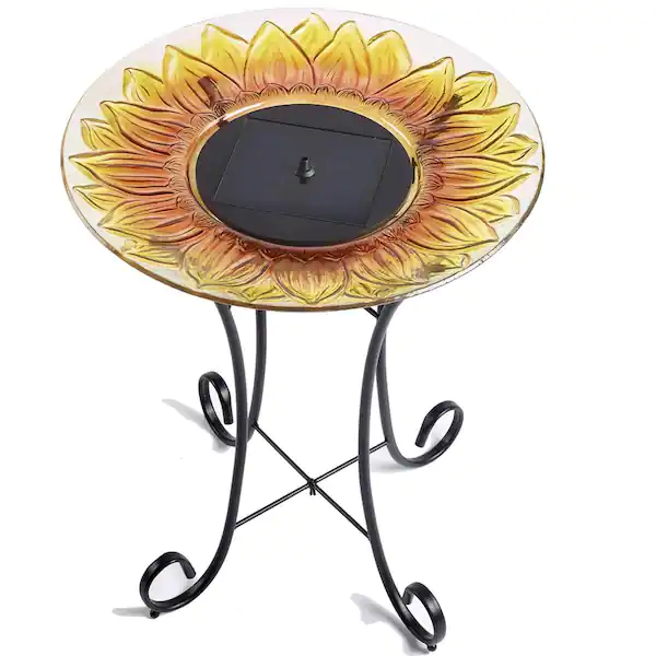 Smart Solar Sunflower Glass Solar Birdbath with a durable steel frame, hand-painted glass bowl, and eco-friendly solar-powered fountain, perfect for attracting birds to your garden.