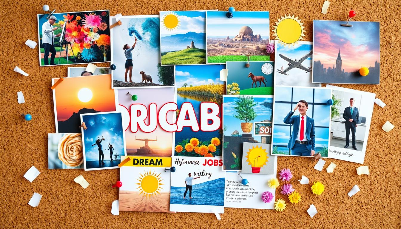 A vibrant and colorful vision board collage filled with images representing various dream jobs, such as an artist painting, a scientist in a lab, a traveler exploring new cultures, and a business person in an office. Include visual elements like inspirational quotes, symbols of success (like trophies or awards), and personal goals. Incorporate nature elements, like sun and flowers, to evoke positivity and growth. Arrange everything on a textured corkboard background with push pins and loose paper scraps for a creative touch.