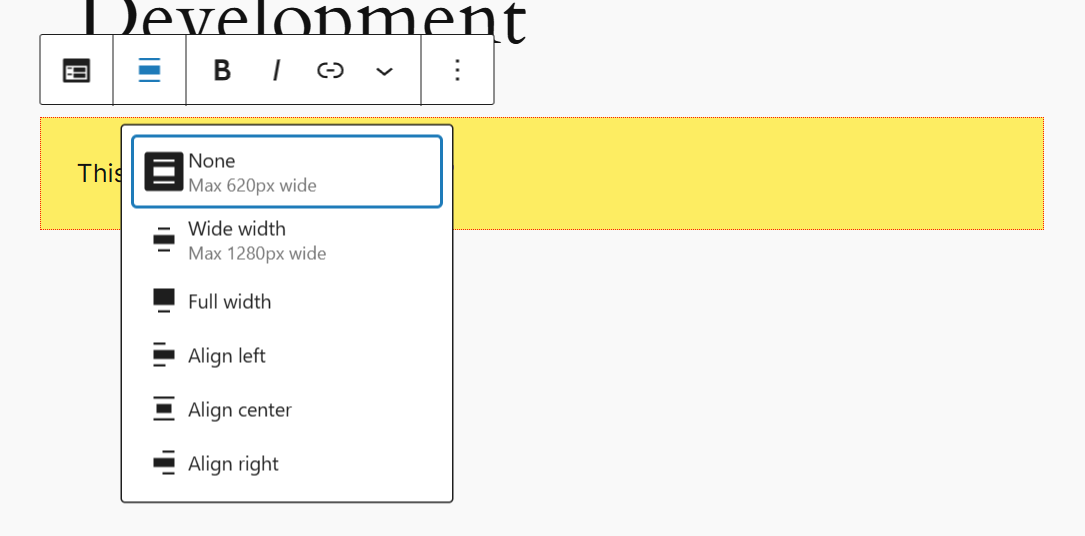 The custom block’s toolbar has a new Align button with various alignment settings.