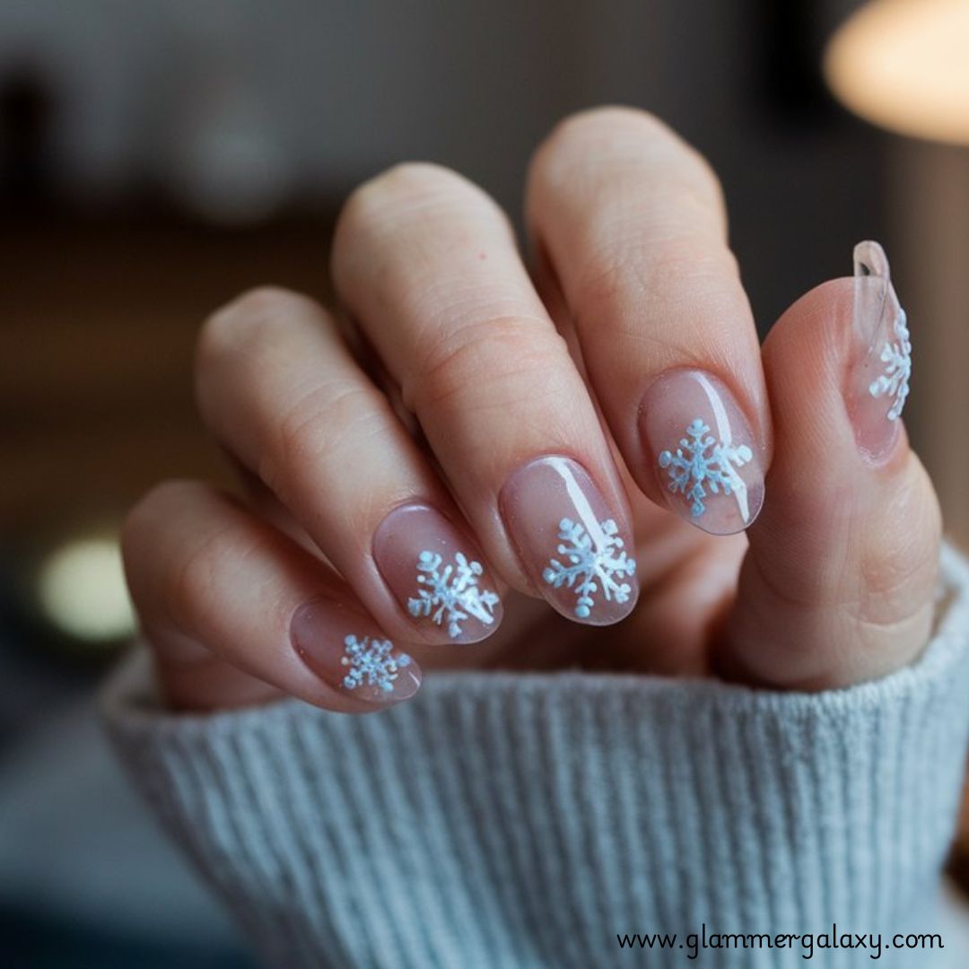 Snowflake Nails having Clear Nail Tips with Sparkling Snowflakes
