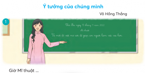 CHỦ ĐỀ 5: ƯỚC MƠ TUỔI THƠBÀI 4: ƯỚC MƠ MÀU XANHKHỞI ĐỘNGNói về khu vườn trong bức tranh của bài đọc.Giải nhanh:Càng về trưa, không khí khu vườn càng oi ả.Mấy cây non trở nên lười biếng.Những chú dế chui sâu vào trong lòng đất mát mẻ.Tán hoàng lan xòe rộng như một chiếc dù khổng lồ.=> Cây cối trong vườn xanh tốt KHÁM PHÁ VÀ LUYỆN TẬPĐọc và trả lời câu hỏi:Câu 1: Tìm từ ngữ cho biết trời rất nóngCâu 2: Tán hoàng lan được so sánh với sự vật gì? Vì sao?Câu 3: Nhờ đâu những hạt nắng trở nên dịu dàng?Câu 4: Khoảng trời của đám cây non là gì?Câu 5: Theo em, vì sao cô bé ước mơ trở thành người làm vườn?Giải nhanh:Câu 1: Nắng chói chang, càng về trưa, không khí càng oi ả.Mấy cây non trở nên lười biếng.Những chú dế chui sâu vào lòng đất mát mẻ.Câu 2: Chiếc dù khổng lồ. Vì tán xòe rất rộngCâu 3: Lọc qua những phiến lá xanh Câu 4: Khoảng trời lá xanh tít trên caoCâu 5: Cô yêu cảnh vật của thiên nhiên, cố bé là người yêu màu xanh của cây cối2) Đặt tên cho bức tranh em thích:Giải nhanh:Tranh 1: Khu vườn mơ ước.Tranh 2: Ngôi nhà vũ trụ.Nói 2 - 3 câu về tên bức tranh em đặt ở bài tập 2Giải nhanh:Tranh 1: Khu vườn mơ ước: Ước mơ có được khu vườn cổ tích màu hồng, có mây, có thiên nhiên của tạo hóa. Nơi đây em có thể cùng các bạn vui đùa thỏa thích.Tranh 2: Ngôi nhà vũ trụ: Ước mơ có thể được sống cùng với mấy xanh trên bầu trời. Ở đây, có nhà, có cây xanh, có trường học.... Tất cả hòa mình vào vũ bao la với một màu thiên nhiên hòa bình.1) Kể từng đoạn của câu chuyện theo tranh và từ ngữ gợi ý dưới tranhGiải nhanh: Ý tưởng của chúng mìnhTranh 1: Giờ mĩ thuật, cô giáo ra đề tài  Vẽ một đồ vật mơ ước để giúp con người làm việc vui hơn