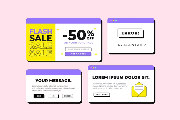 Creative UI elements and popup designs for web interfaces, demonstrating modern approaches in UI/UX design for Websites.