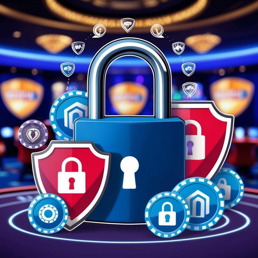 A digital padlock surrounded by shields and security symbols, with a virtual casino in the background