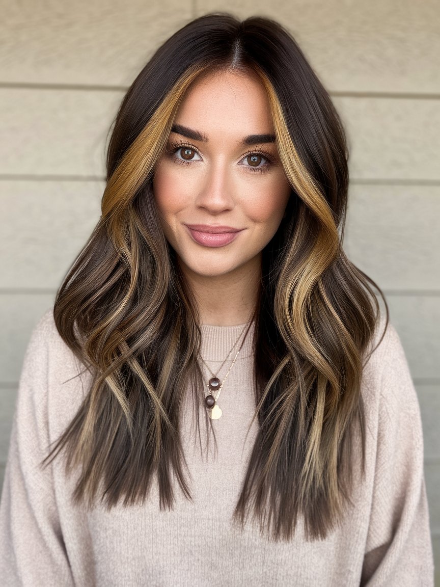 12. Warm Espresso Brown with Honey Blonde Highlights