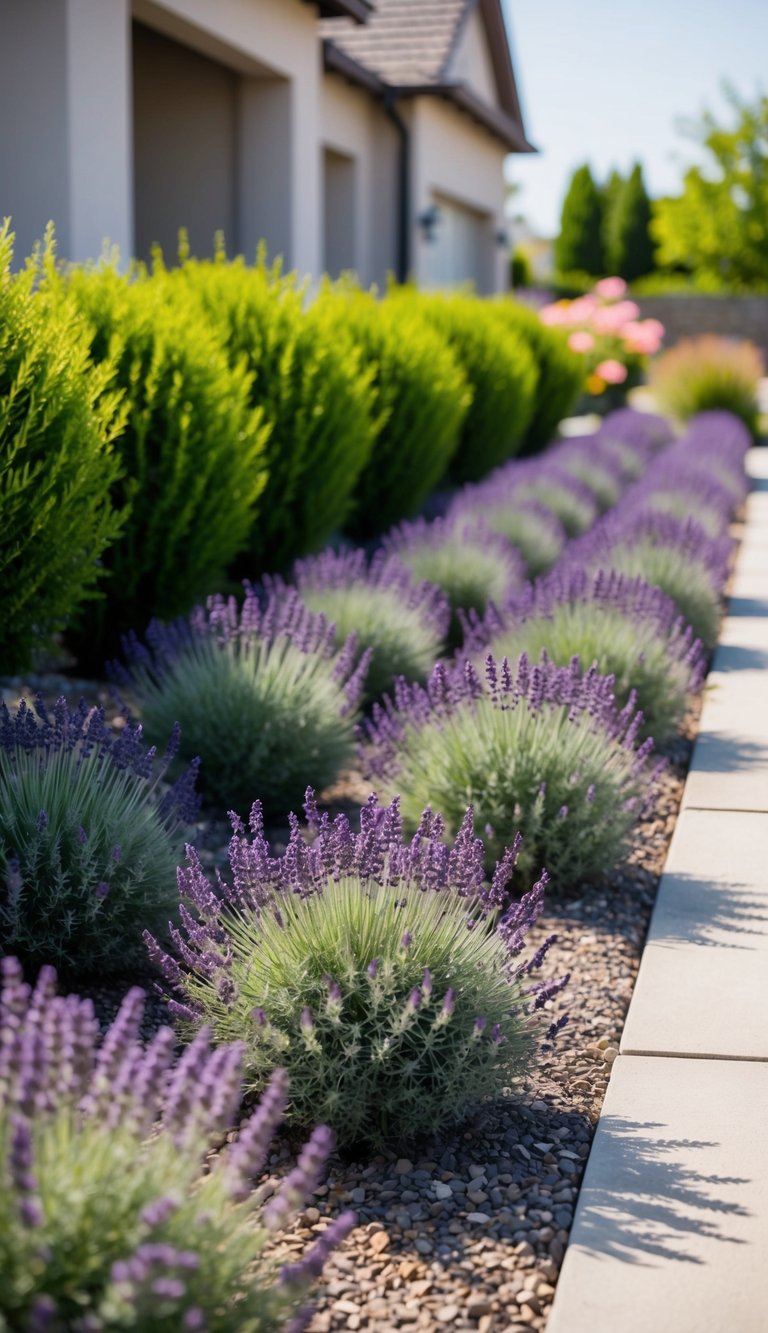 A front yard with neat rows of drought-tolerant lavender plants, surrounded by other low-water landscaping ideas