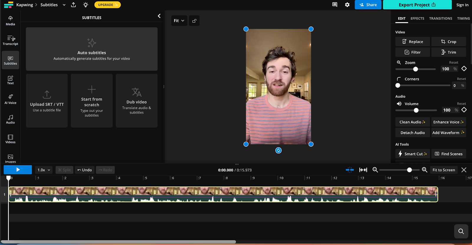 At the left, there are tools and a panel called "Subtitles." In the center is the video being edited. To the right, there are tools: Edit, Effects, Transitions, and Timing. At the bottom is a video timeline.