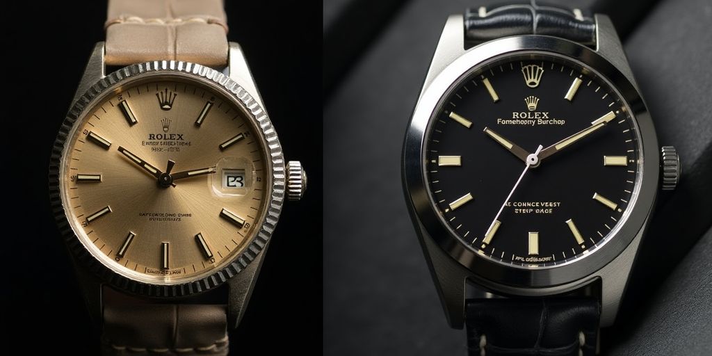 Vintage and modern Rolex watches side by side.