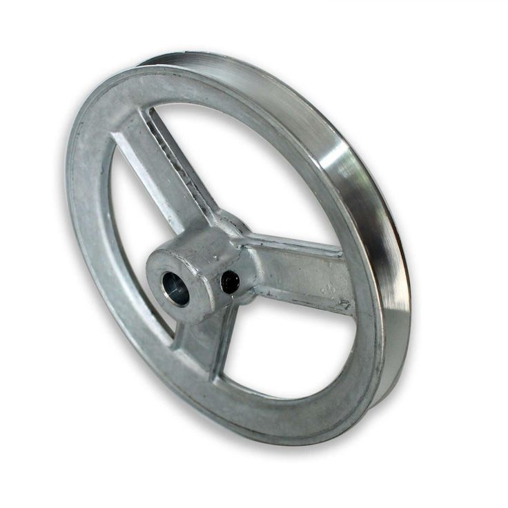 An image of a silvery metallic grooved pulley on a white background 
