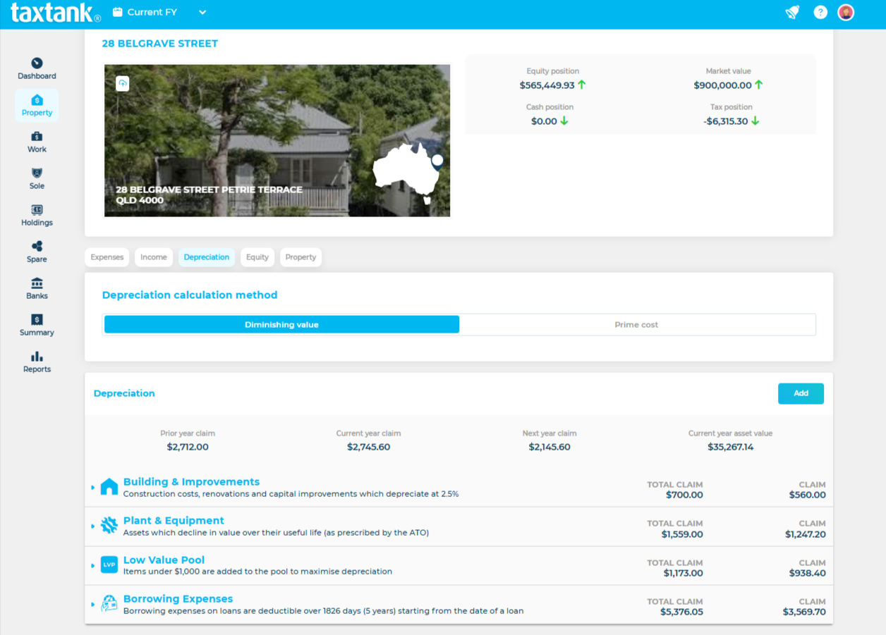 Screenshot showing how easy it is to add and manage depreciation for investment properties
