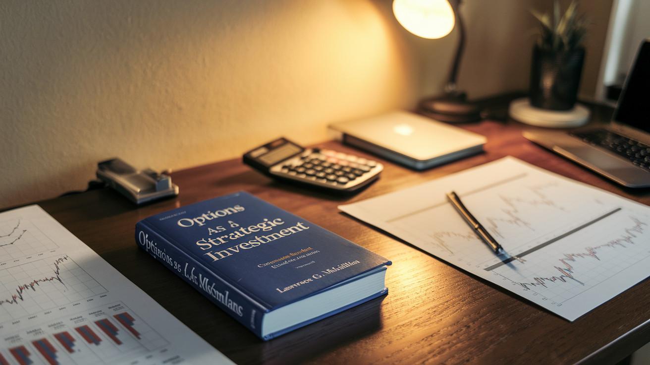 Create a realistic image of a hardcover book titled "Options as a Strategic Investment" by Lawrence G. McMillan, placed on a wooden desk with a laptop, calculator, and stock market charts in the background, illuminated by warm desk lamp light, creating a studious atmosphere for options trading education.