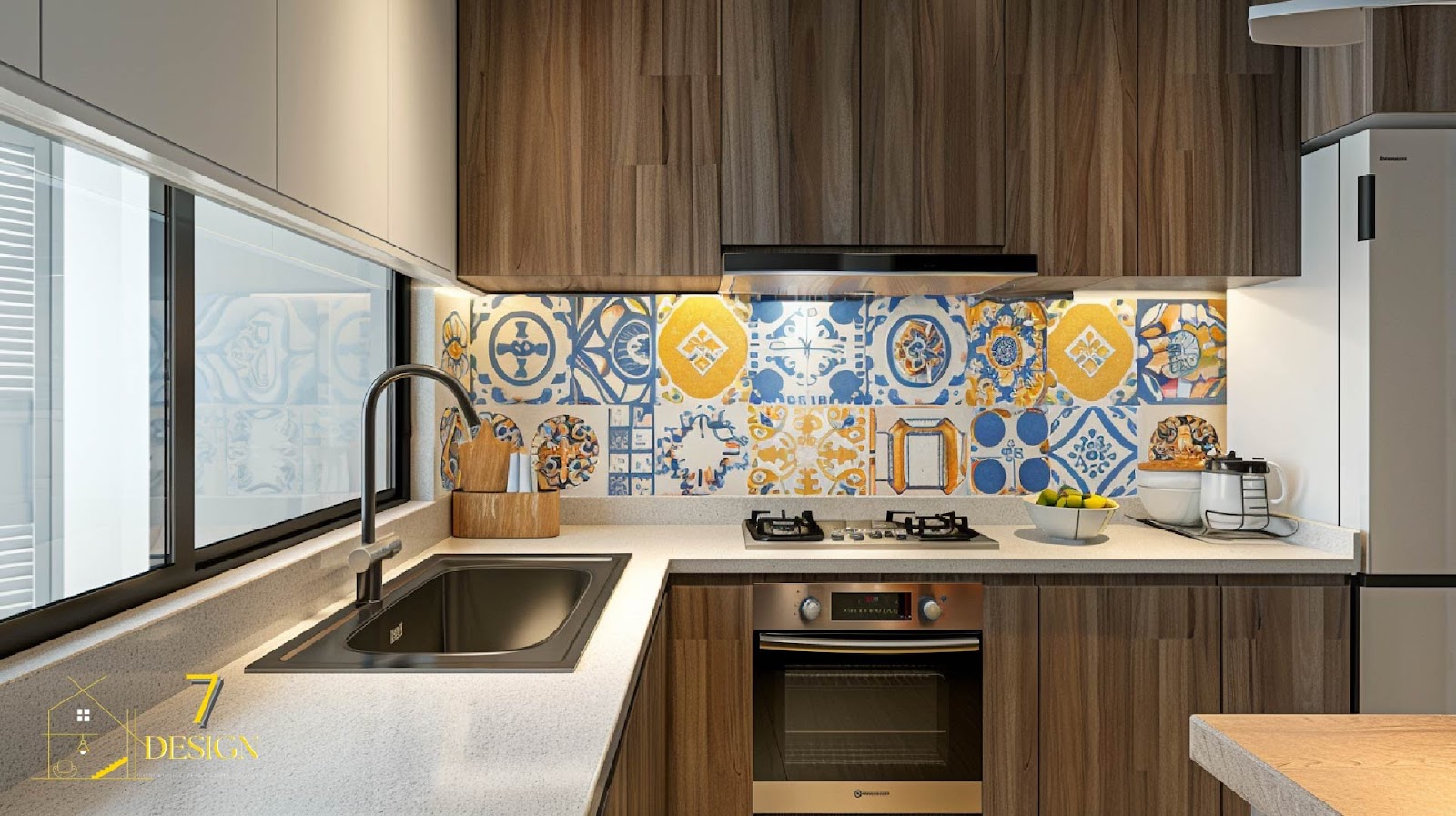 The vibrant patterned tile backsplash adds personality to the kitchen.