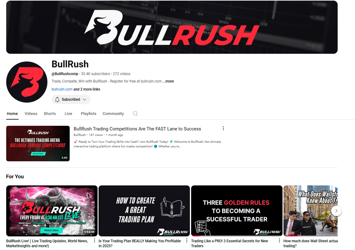 Join BullRush’s YouTube and Discord to learn trading strategies, connect with fellow traders, and compete in a fun, engaging environment.