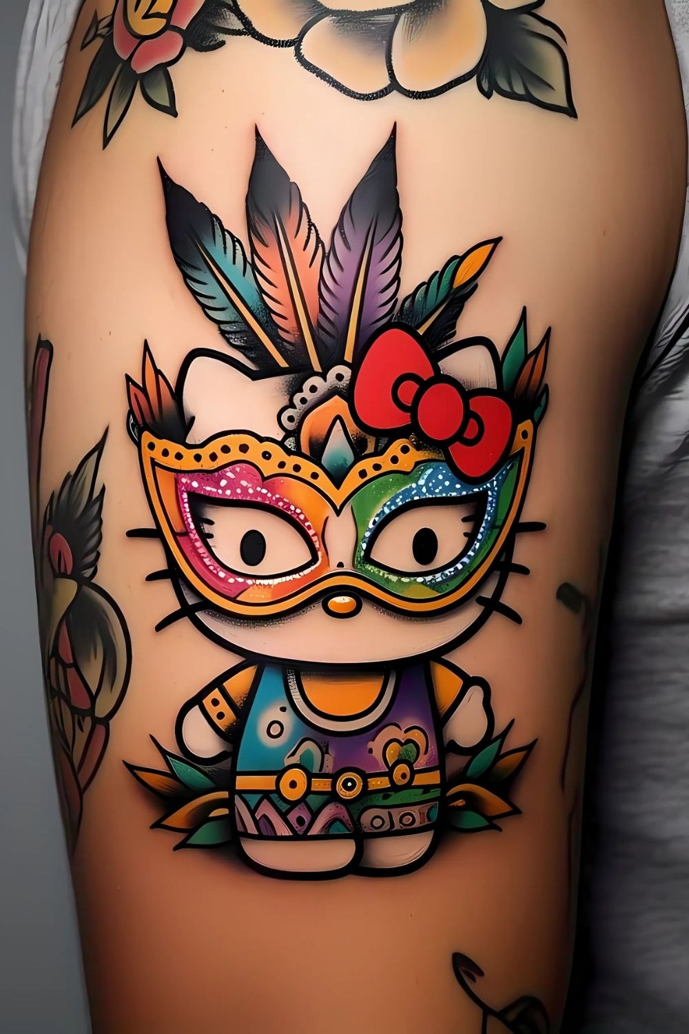 Hello Kitty in a Carnival Mask Tattoo
