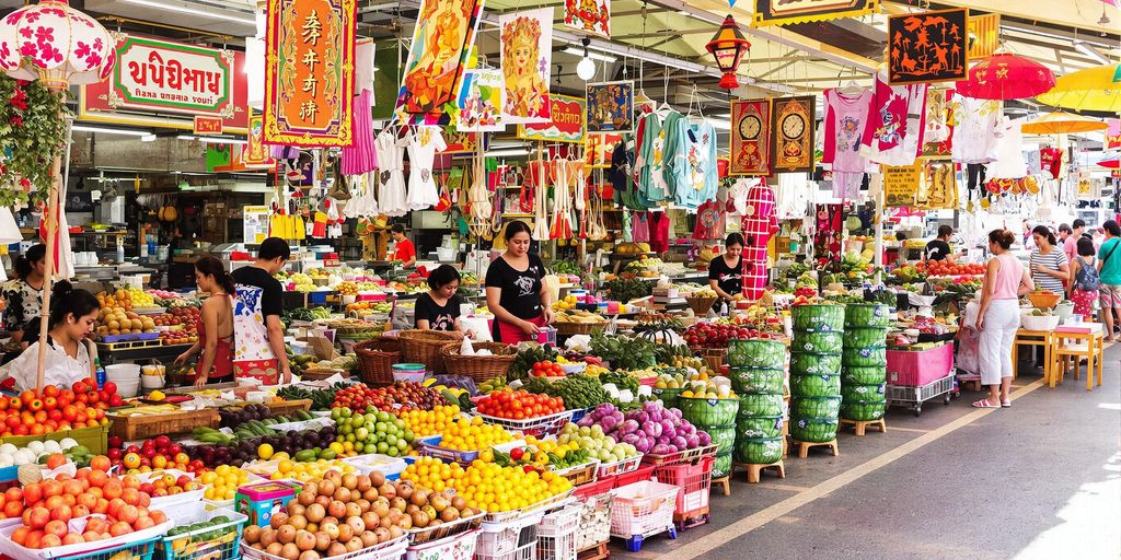 Colorful Thai market with fresh produce and local crafts.