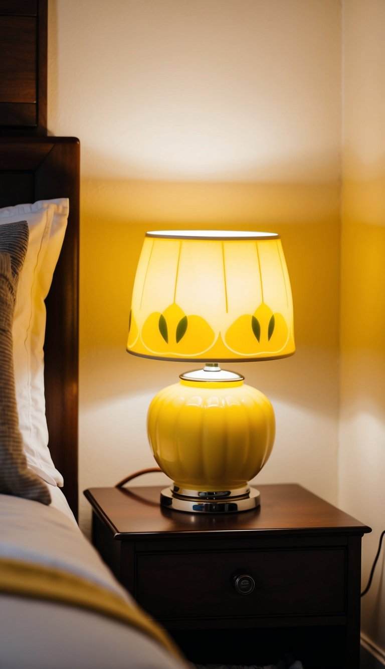 A cozy bedroom with a yellow Buttercup Nightstand Lamp casting a warm glow on a bedside table