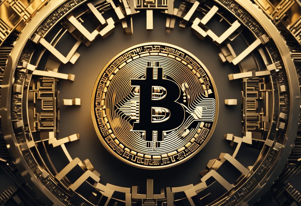 A digital currency symbolized by a "B" surrounded by a chain of interconnected blocks, representing the value and security of Bitcoin