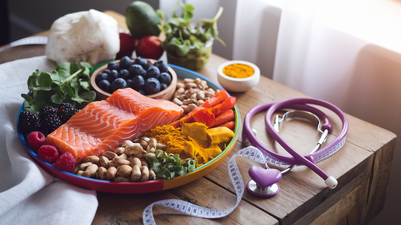 Create a realistic image of a colorful plate filled with anti-inflammatory foods like salmon, berries, leafy greens, nuts, and turmeric-spiced vegetables, with a measuring tape and a heart-shaped stethoscope placed nearby, suggesting health benefits, all arranged on a wooden table with soft, natural lighting.