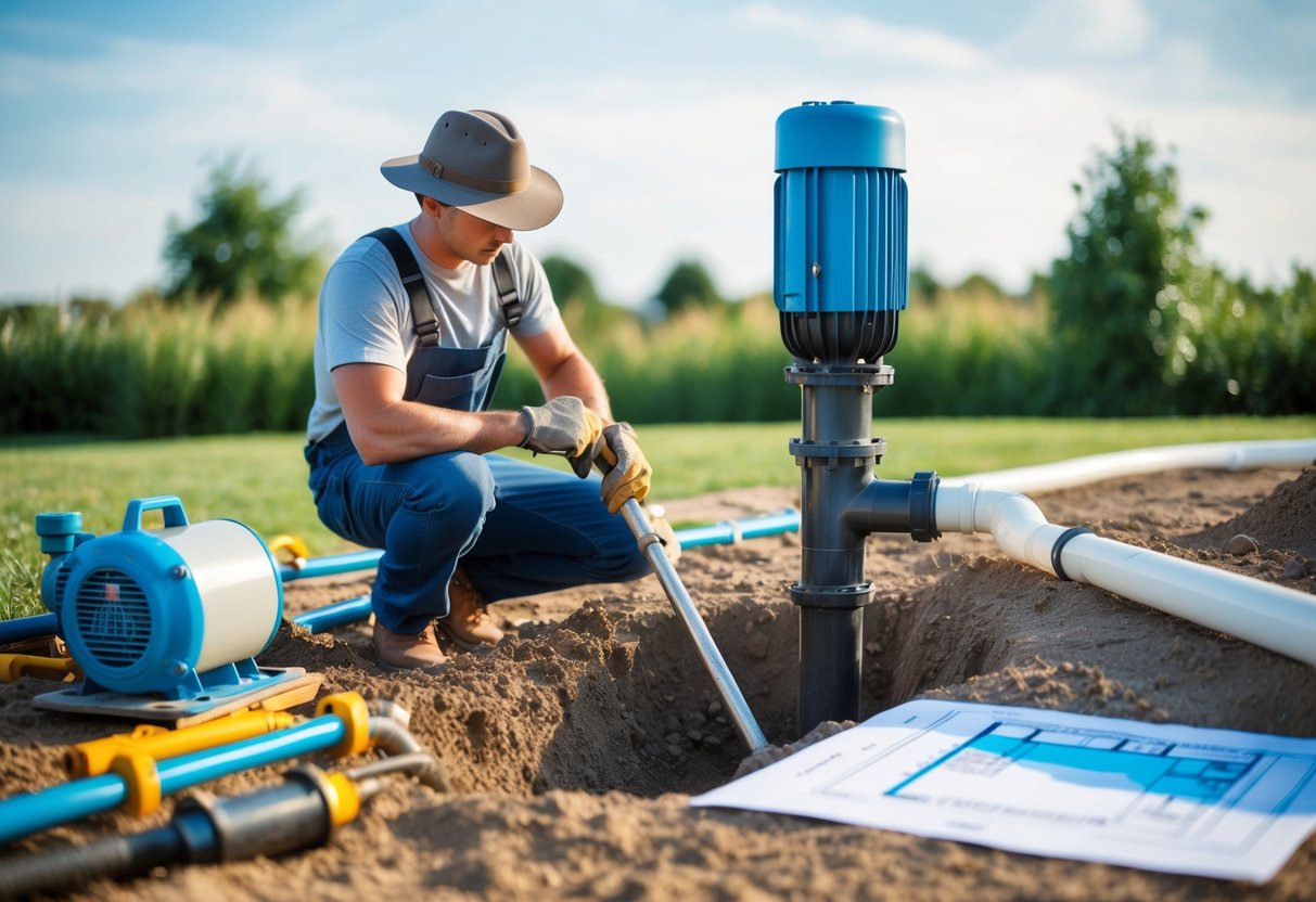 A person digging a hole in the ground, surrounded by tools, pipes, and a water pump system, with a blueprint of a backyard water feature nearby