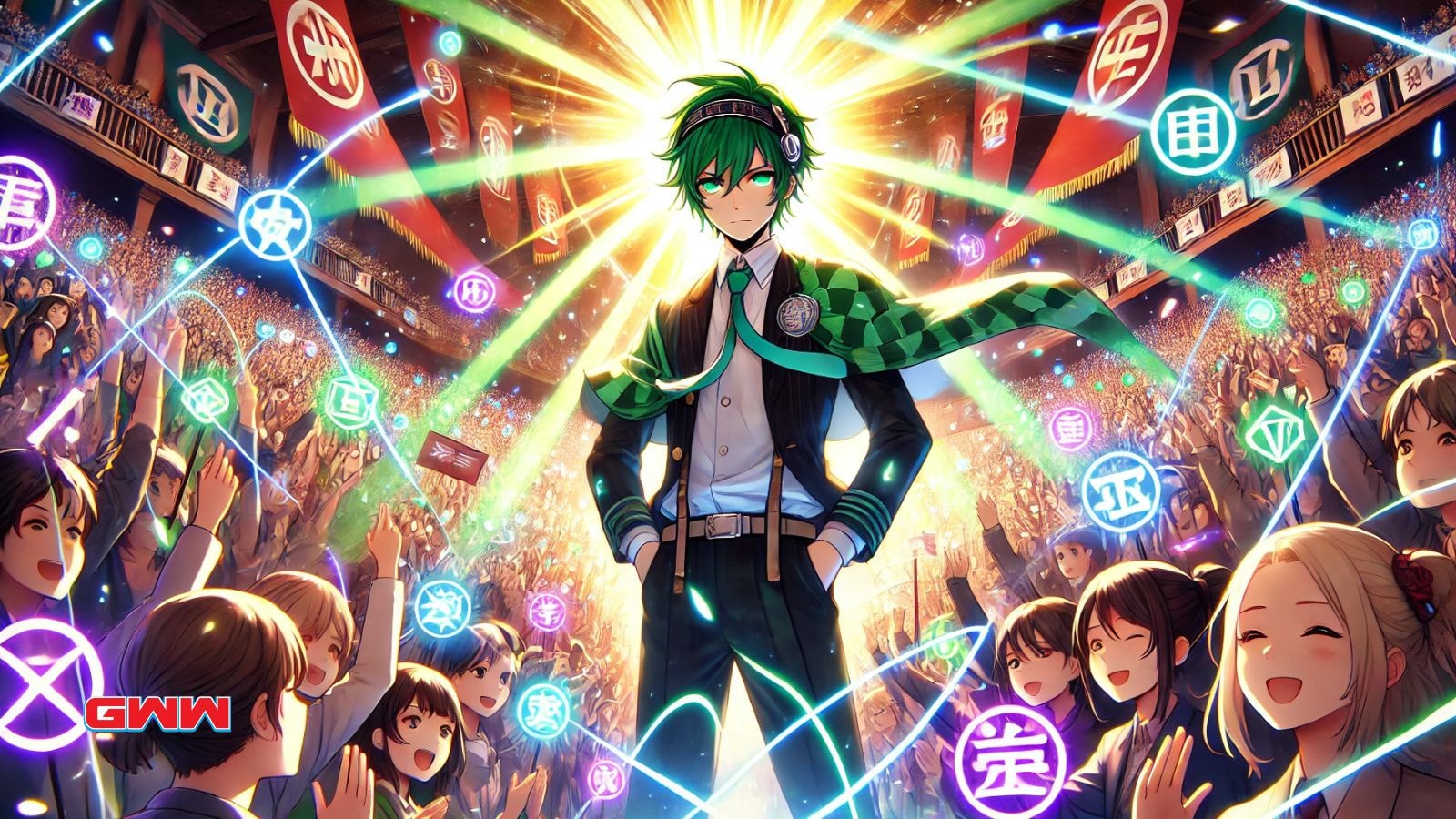 A powerful anime character with green hair standing confidently at the center of a large, enthusiastic crowd.