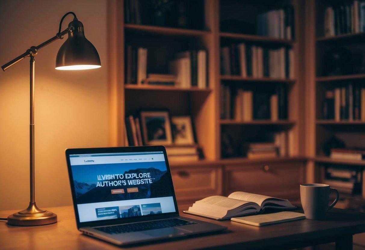 A cozy study with a desk, bookshelves, and a laptop. A warm lamp illuminates the room, inviting readers to explore the author's website