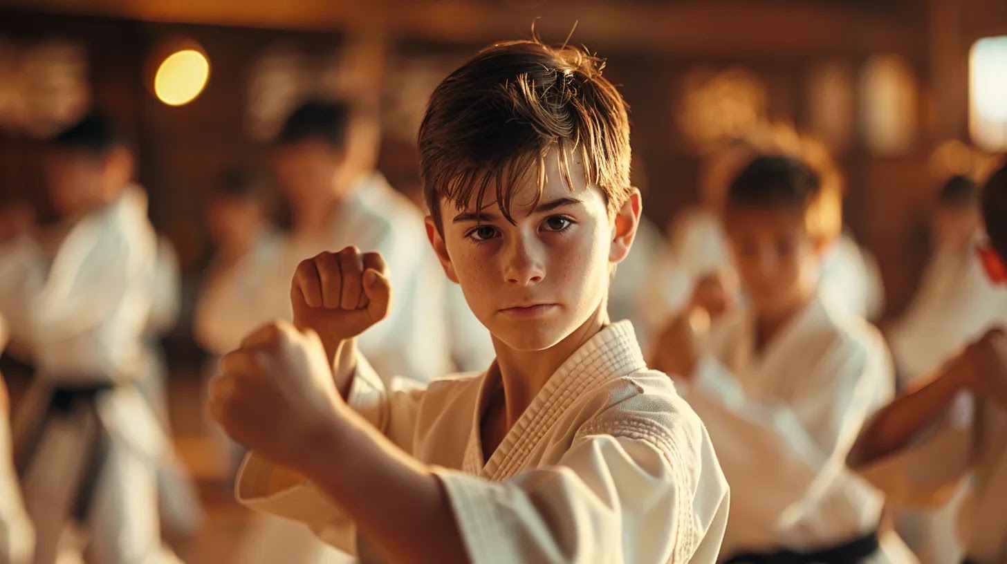 a dynamic scene captures young karate students in a structured dojo, focused and determined as they practice essential martial arts techniques under the guidance of a watchful instructor, embodying respect, discipline, and personal growth.