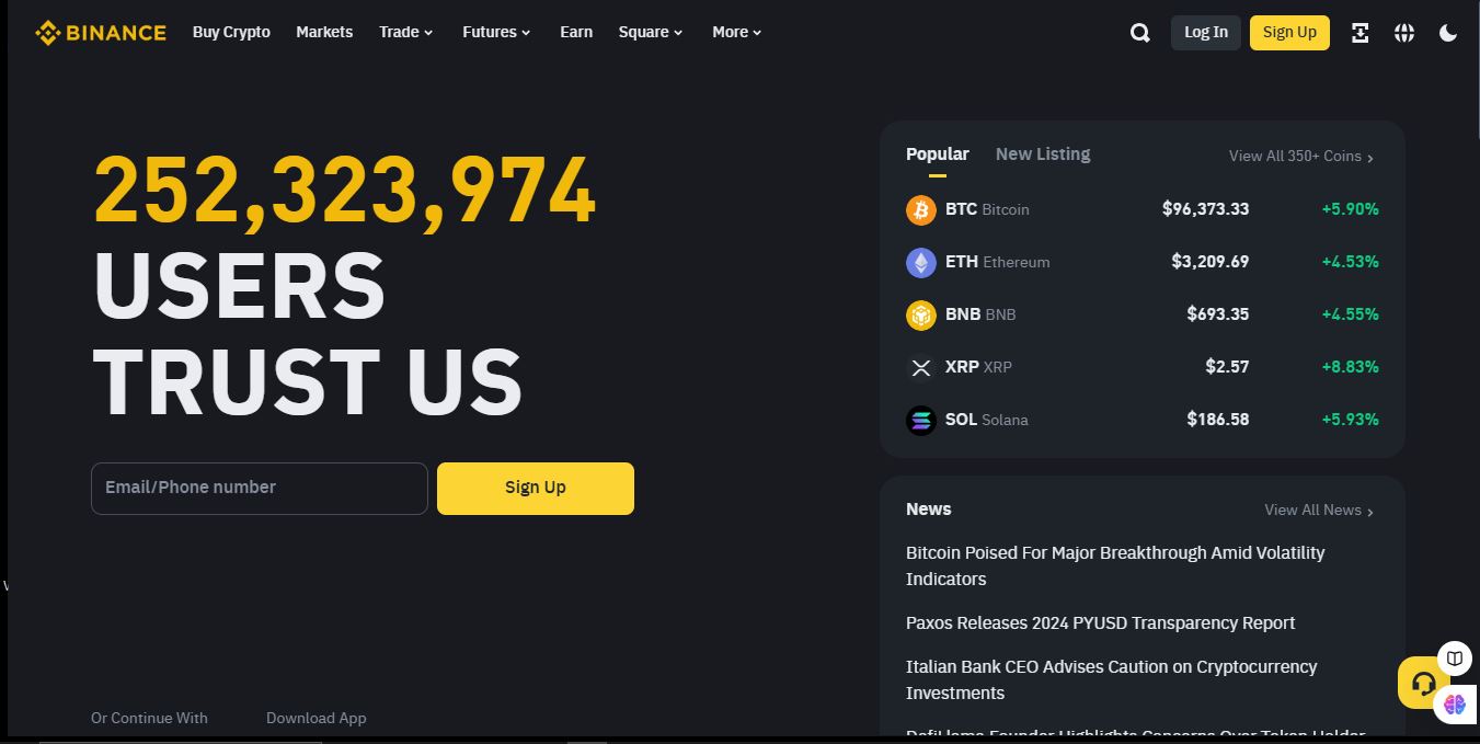 Binance homepage