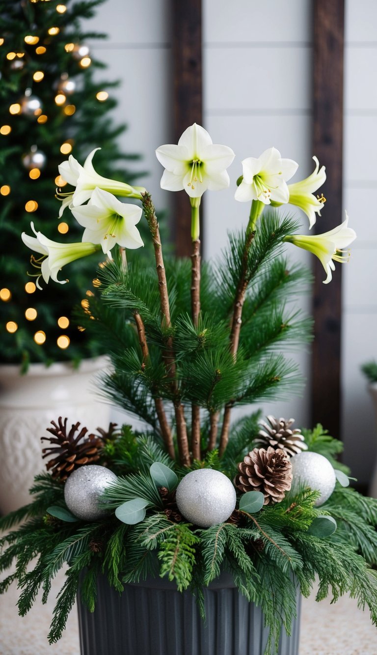 Amaryllis and pine branches arranged in a winter planter with other seasonal greenery and accents