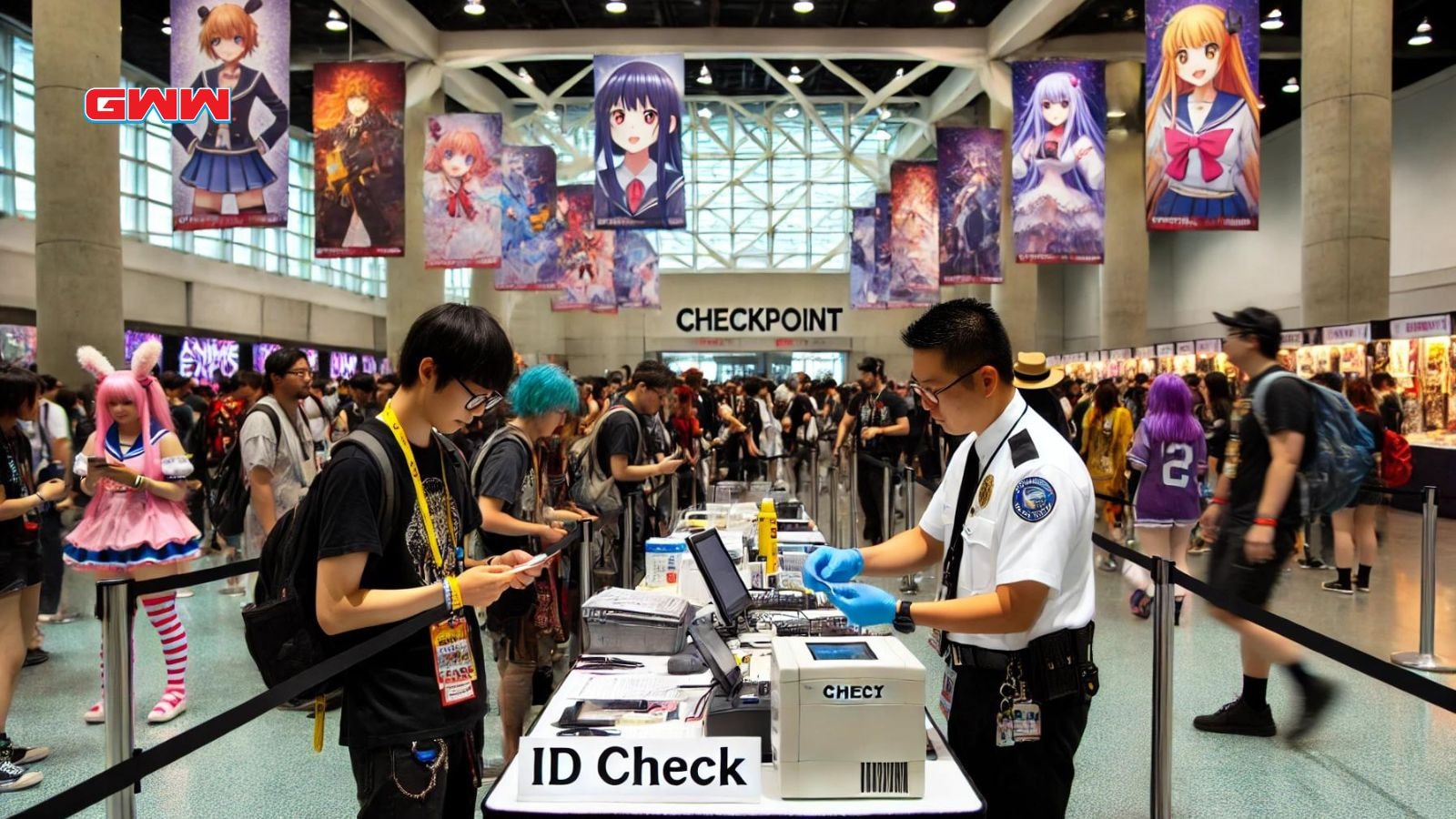 An entrance area at Anime Expo where attendees are lined up, showing ID to security staff before entering.