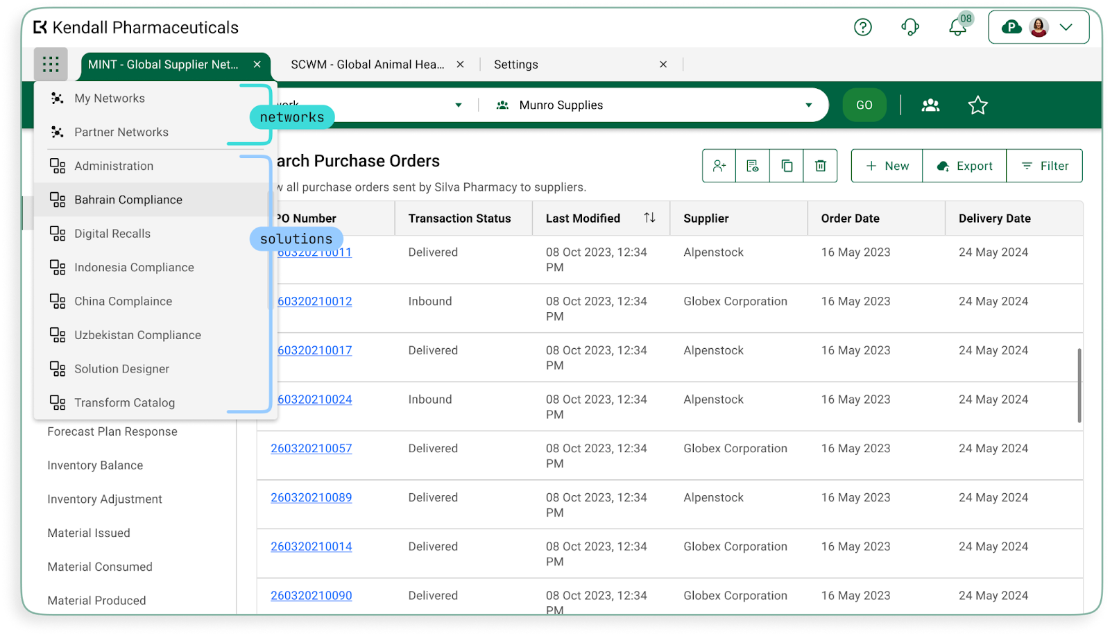 Example solution and network name side menu labels