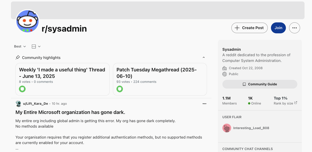 Screenshot of r/sysadmin.