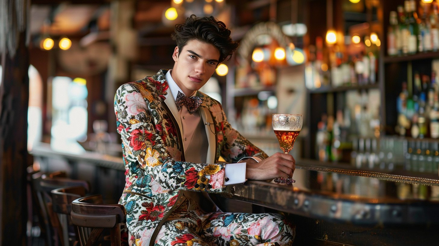 Teen guy wearing a patterned or printed prom suit--floral, checks, or jacquard fabric. Confident pose, energetic prom environment, style-forward and full of personality.