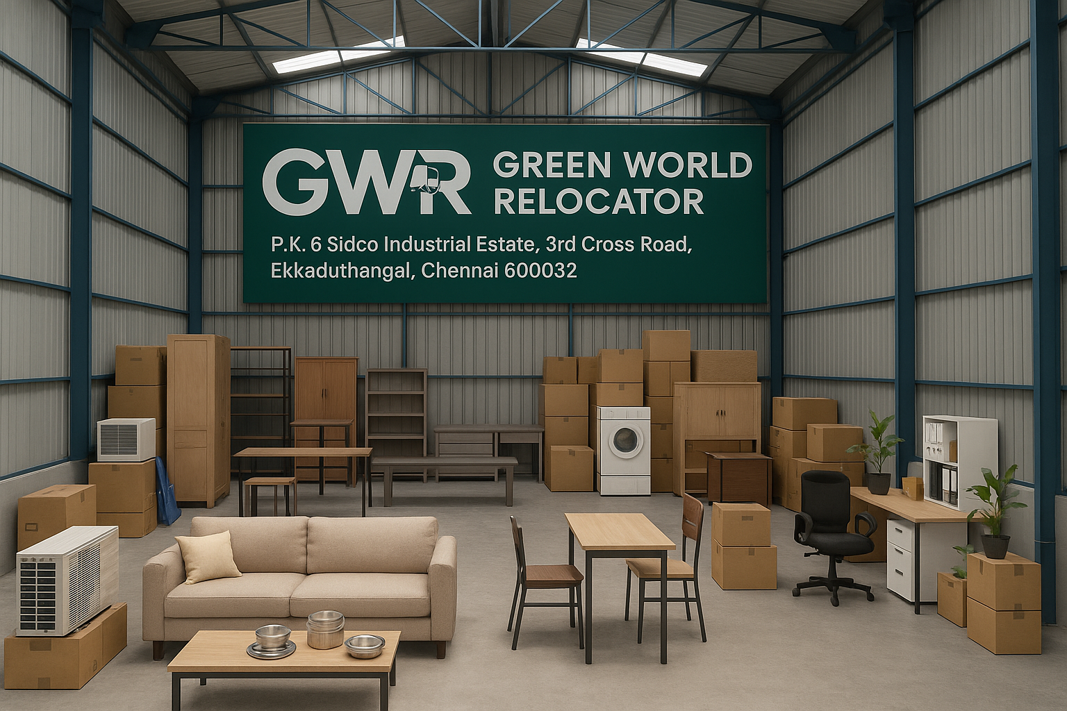 Modern warehouse facility in Chennai used for storing household and office items
