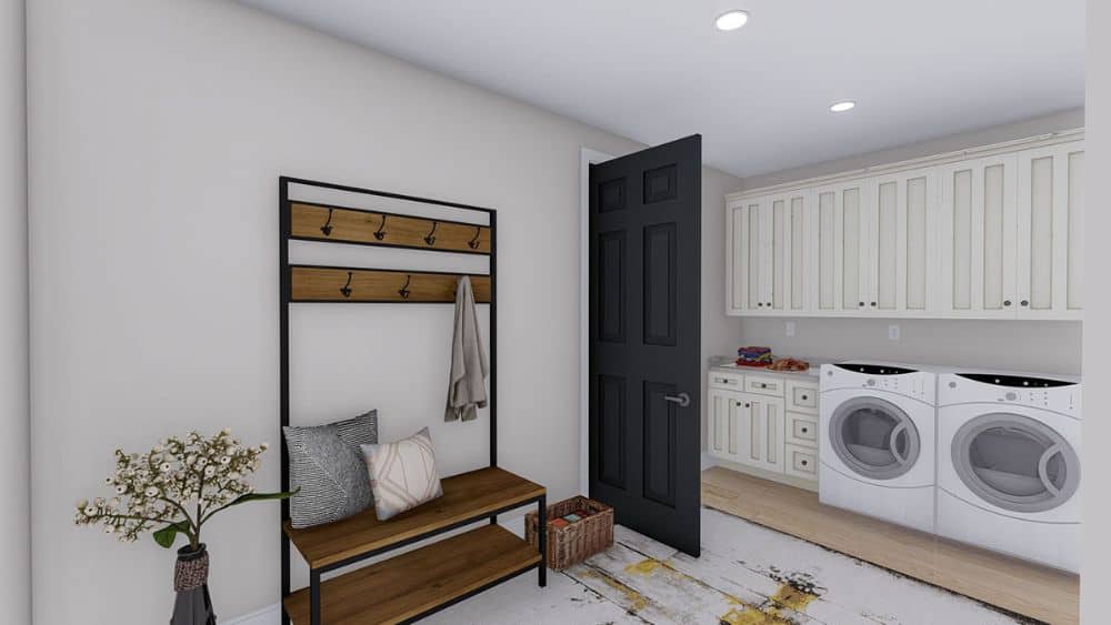 The mudroom is equipped with a front-load washer and dryer, white cabinets, and a bench with a coat rack.