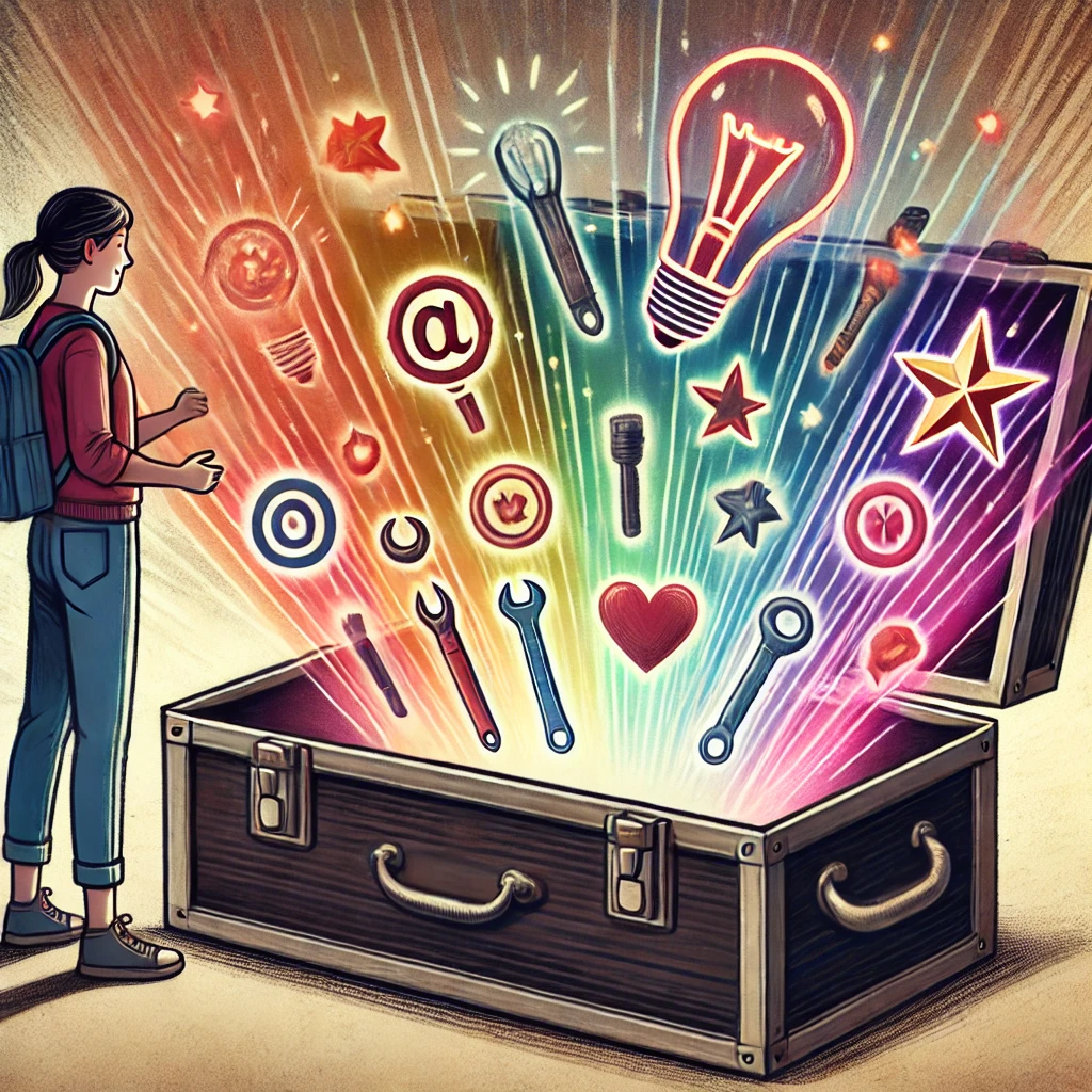  An illustration of a college student opening a large, glowing toolbox filled with vibrant, colorful symbols representing affirmations—such as lightbulbs for ideas, hearts for self-love, and stars for inspiration. The symbols radiate light, illuminating the surrounding area. The student holds one of these symbolic "tools" with determination, appearing empowered and ready. The background transitions from a neutral tone to a brighter, more dynamic color, symbolizing the energy and transformation that comes from turning affirmations into action.