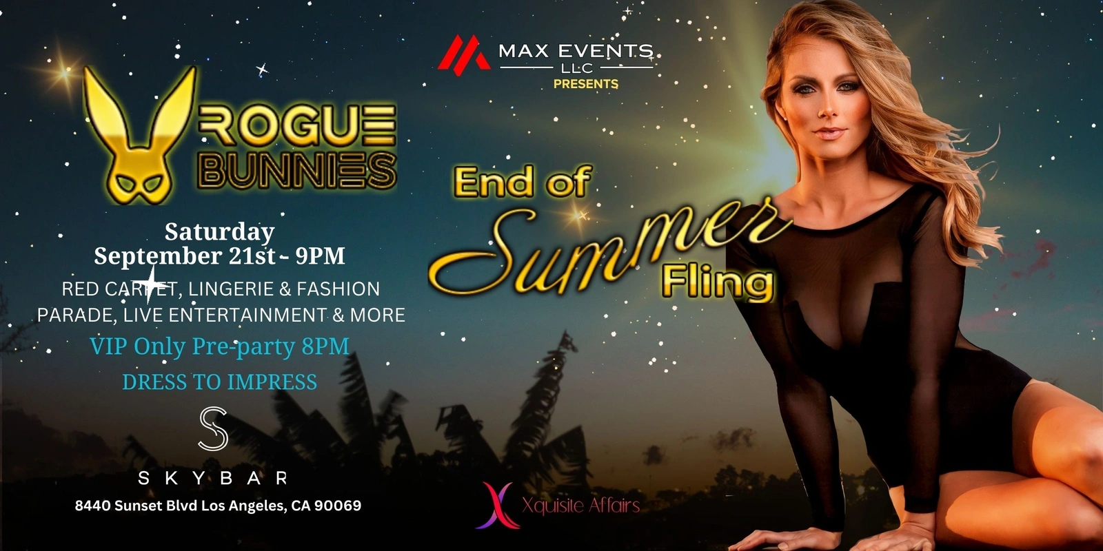 Promotional poster for Rogue Bunnies 'End of Summer Fling' event featuring a blonde woman in black outfit