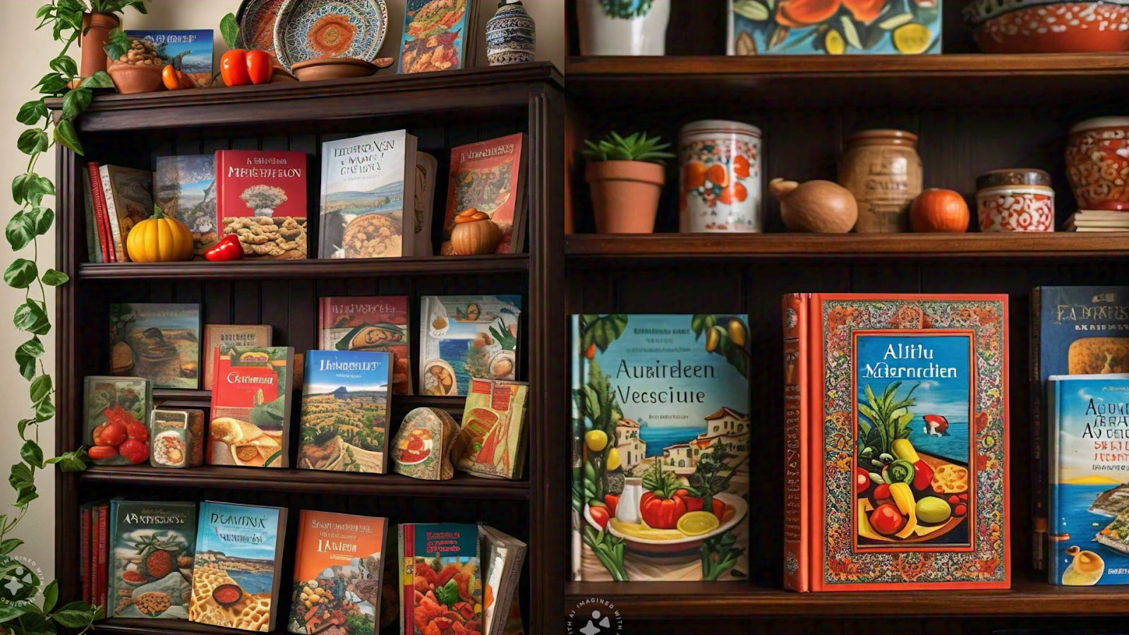 A collection of cookbooks focused on Mediterranean cuisine, displayed on a bookshelf with colorful covers and recipes.